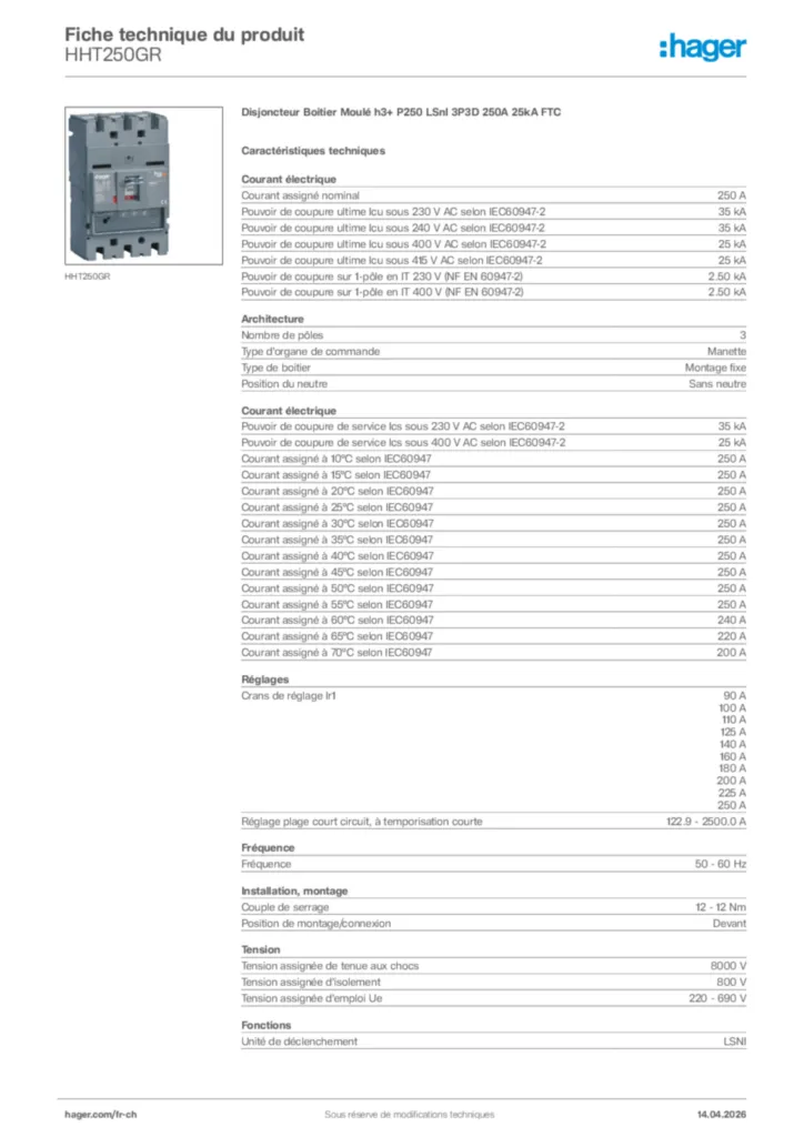Image Hager Fiche technique du produit HHT250GR | Hager Suisse