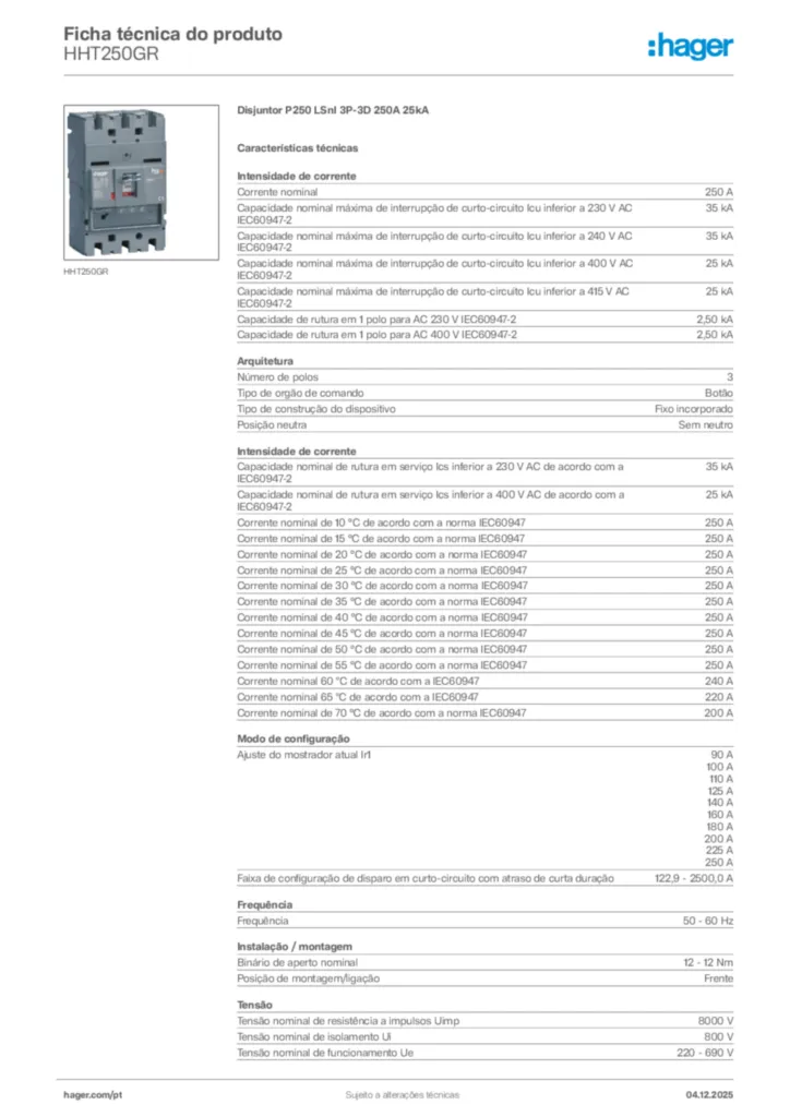 Imagem Hager Ficha técnica do produto HHT250GR | Hager Portugal