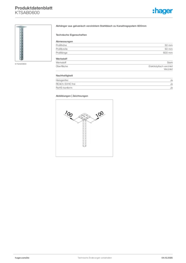 Bild Hager Produktdatenblatt KTSAB0600 | Hager Deutschland