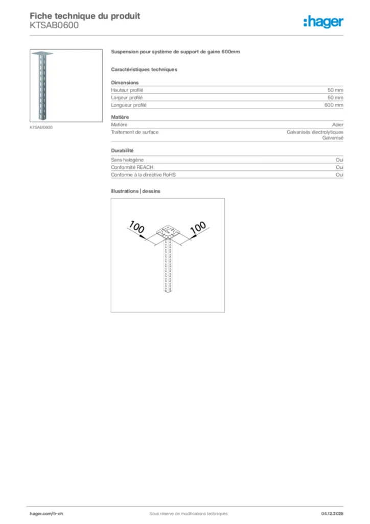 Image Hager Fiche technique du produit KTSAB0600 | Hager Suisse