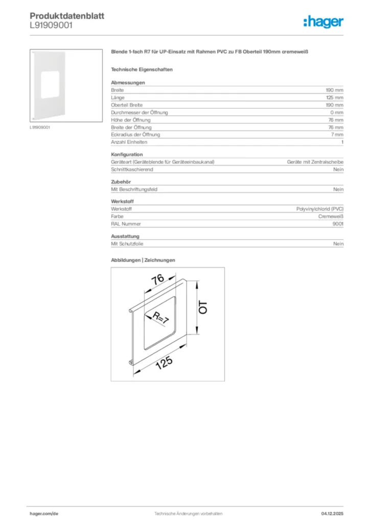 Bild Hager Produktdatenblatt L91909001 | Hager Deutschland