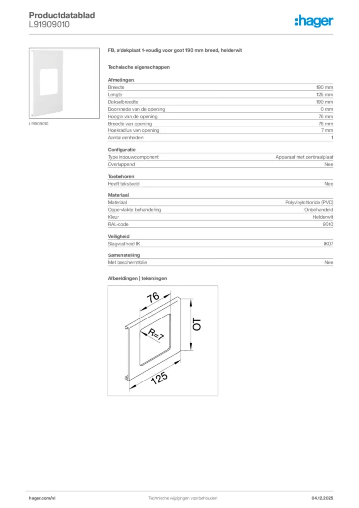 Afbeelding Hager Productdatablad L91909010 | Hager Nederland