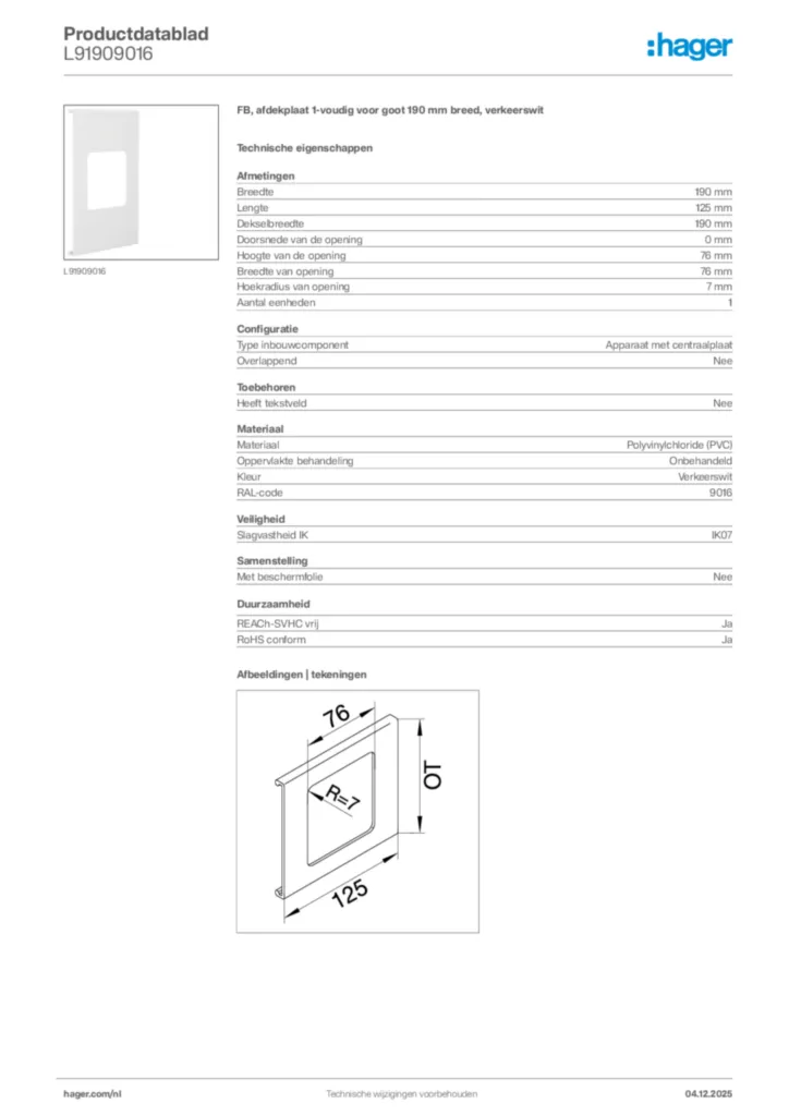 Afbeelding Hager Productdatablad L91909016 | Hager Nederland