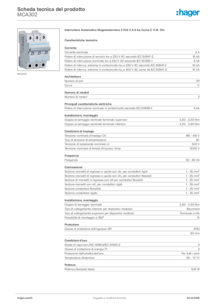 Immagine Hager Scheda tecnica del prodotto MCA302 | Hager Italia