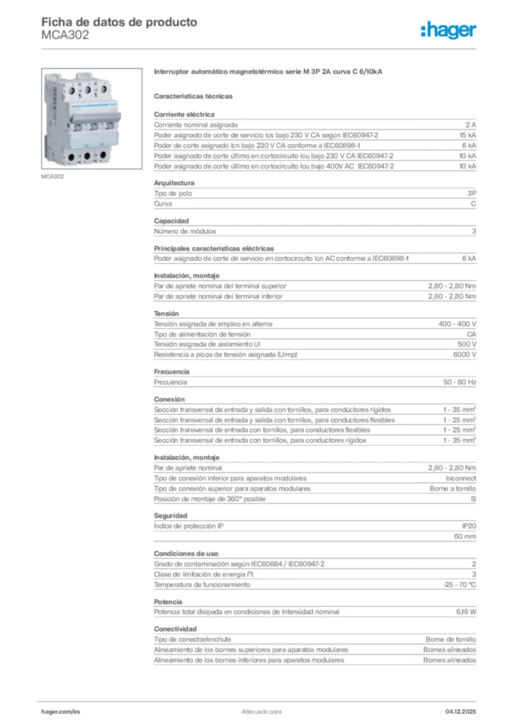 Imagen Hager Ficha de datos de producto MCA302 | Hager España