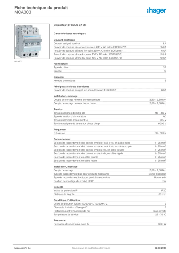 Image Hager Fiche technique du produit MCA303 | Hager Belgique
