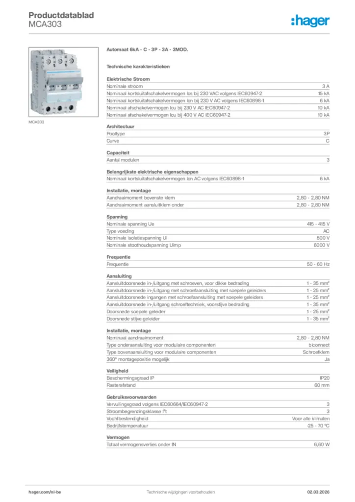 Afbeelding Hager Productdatablad MCA303 | Hager Belgium