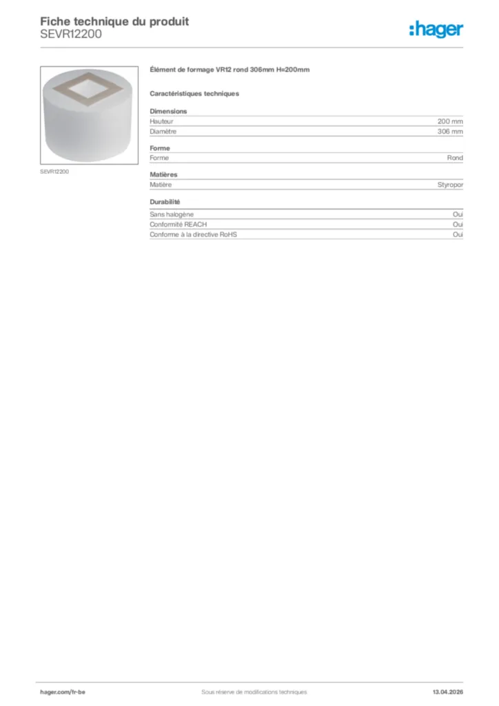 Image Hager Fiche technique du produit SEVR12200 | Hager Belgique