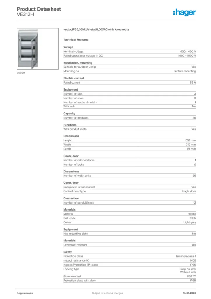 Image Hager Product data sheet VE312H  | Hager New Zealand