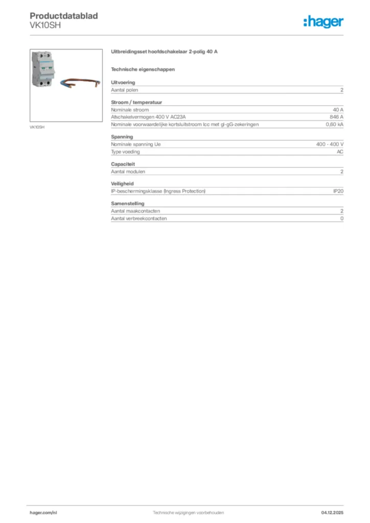 Afbeelding Hager Productdatablad VK10SH | Hager Nederland