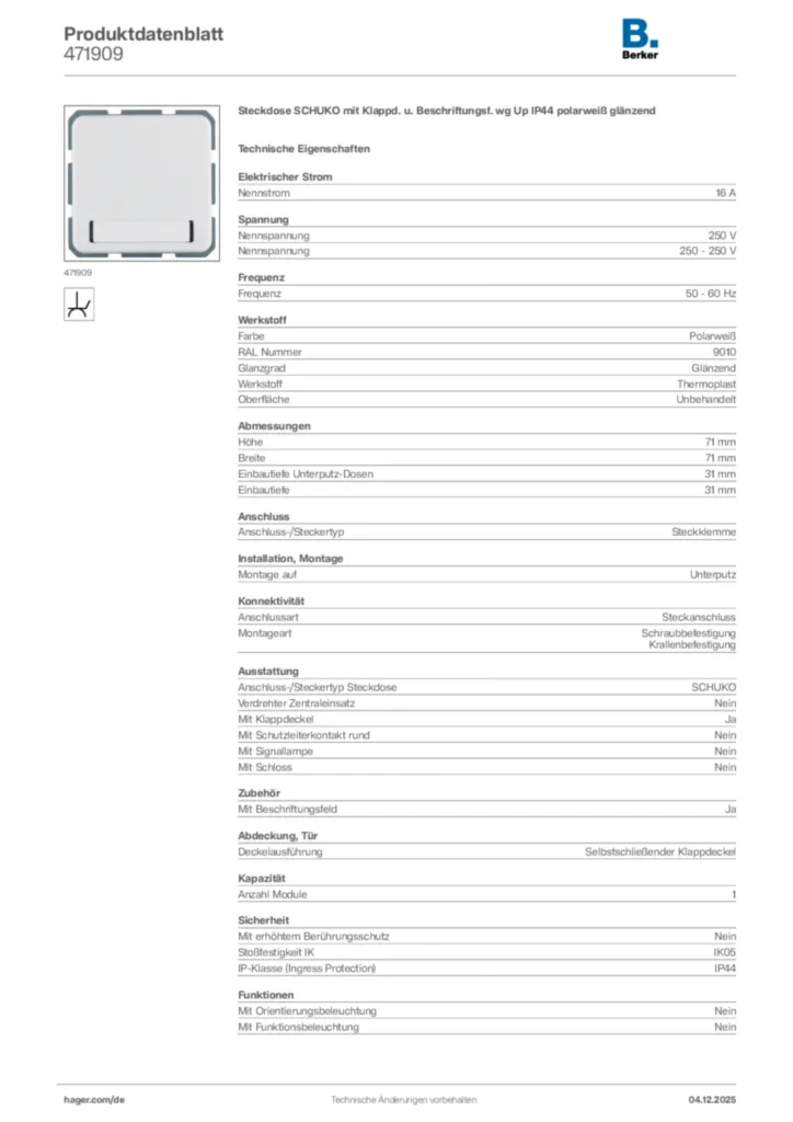 Bild Berker Produktdatenblatt 471909 | Hager Deutschland
