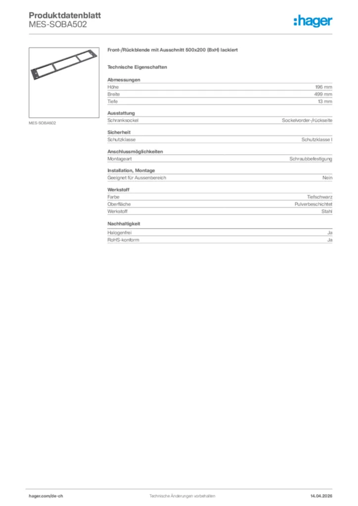 Bild Hager Produktdatenblatt MES-SOBA502 | Hager Schweiz