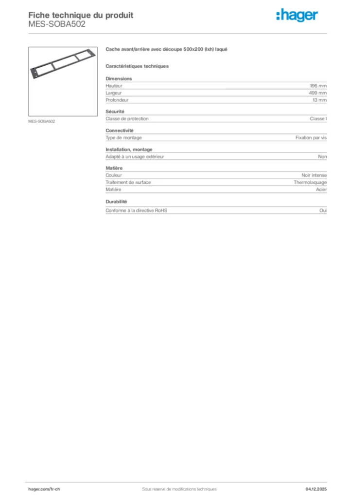 Image Hager Fiche technique du produit MES-SOBA502 | Hager Suisse