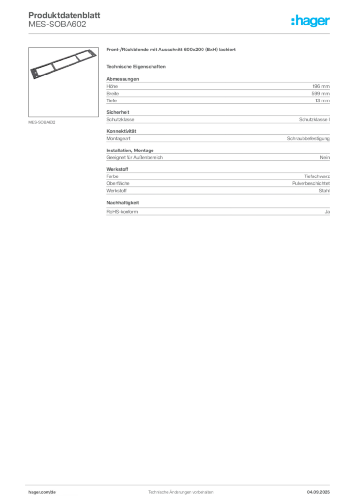 Bild Hager Produktdatenblatt MES-SOBA602 | Hager Deutschland