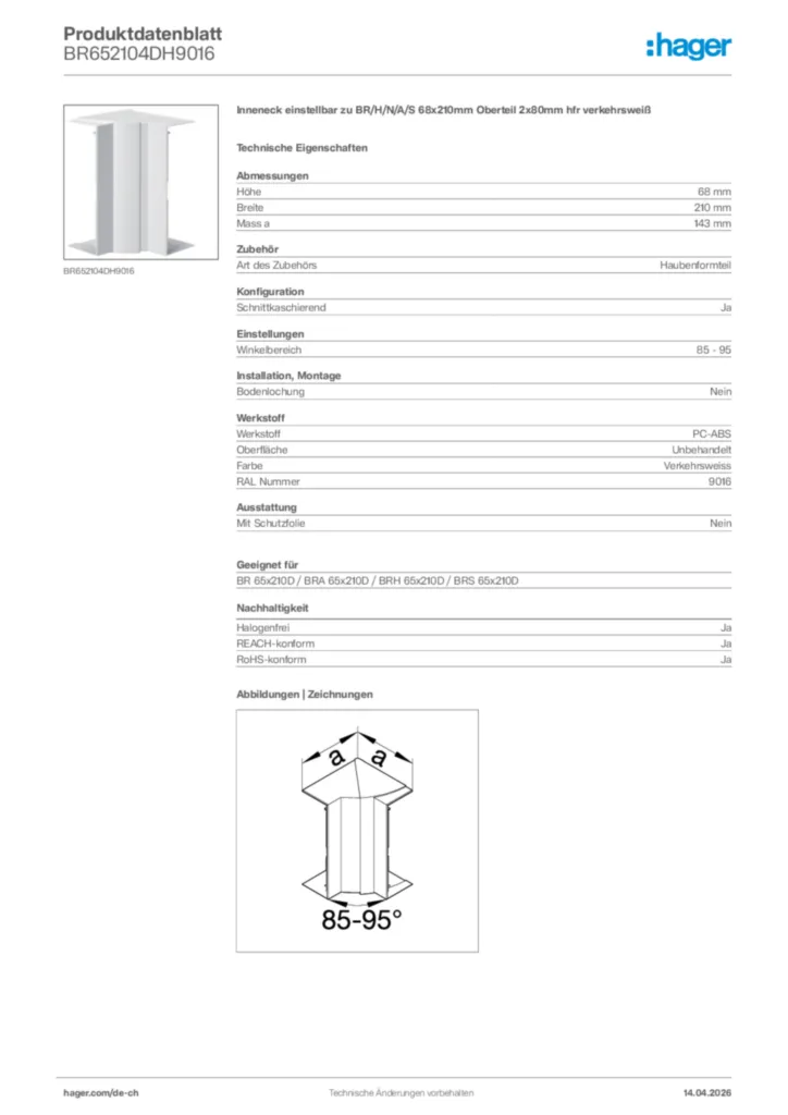 Bild Hager Produktdatenblatt BR652104DH9016 | Hager Schweiz