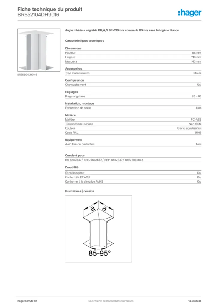 Image Hager Fiche technique du produit BR652104DH9016 | Hager Suisse