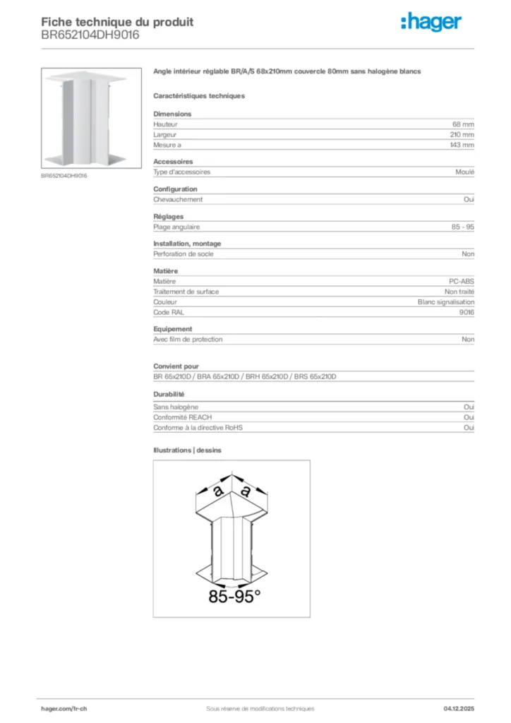 Image Hager Fiche technique du produit BR652104DH9016 | Hager Suisse