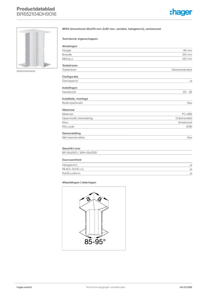Afbeelding Hager Productdatablad BR652104DH9016 | Hager Nederland