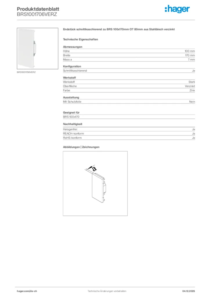Bild Hager Produktdatenblatt BRS1001706VERZ | Hager Schweiz
