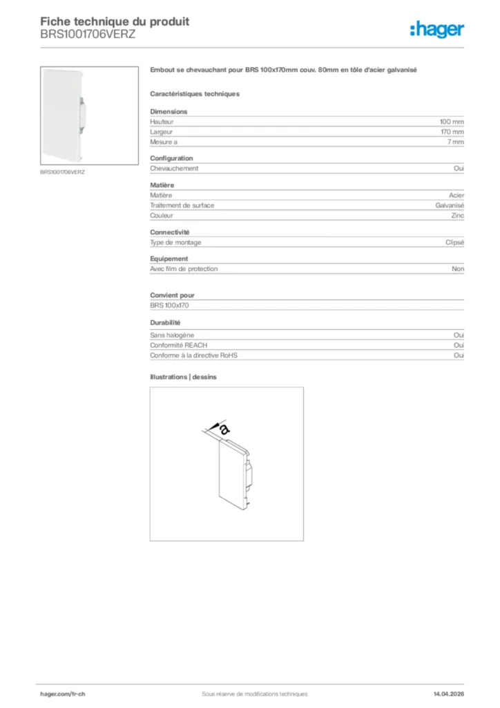 Image Hager Fiche technique du produit BRS1001706VERZ | Hager Suisse