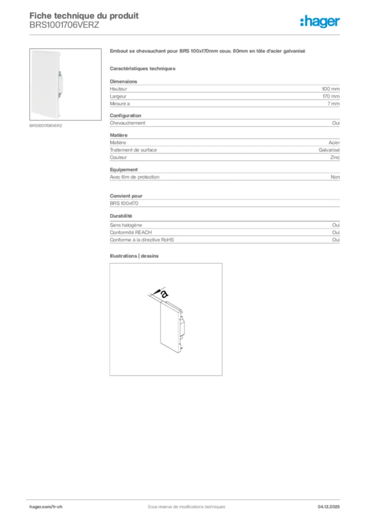 Image Hager Fiche technique du produit BRS1001706VERZ | Hager Suisse