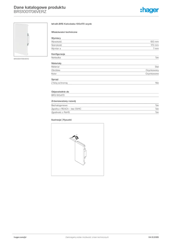 Zdjęcie Hager Dane katalogowe produktu BRS1001706VERZ | Hager Polska