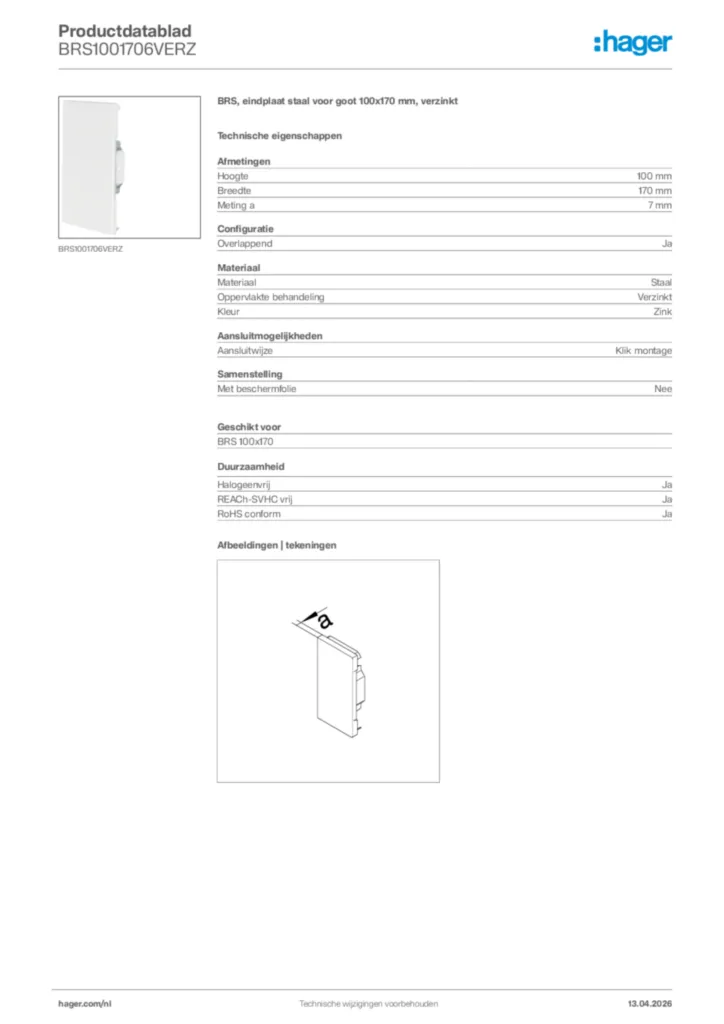 Afbeelding Hager Productdatablad BRS1001706VERZ | Hager Nederland