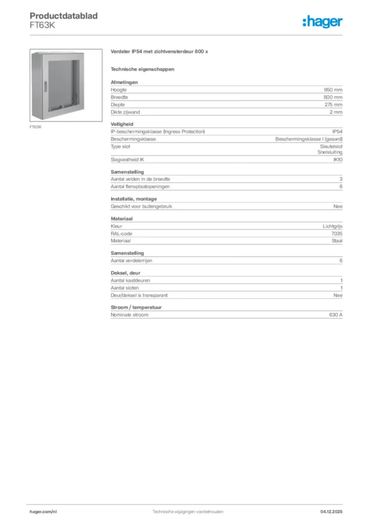 Afbeelding Hager Productdatablad FT63K | Hager Nederland