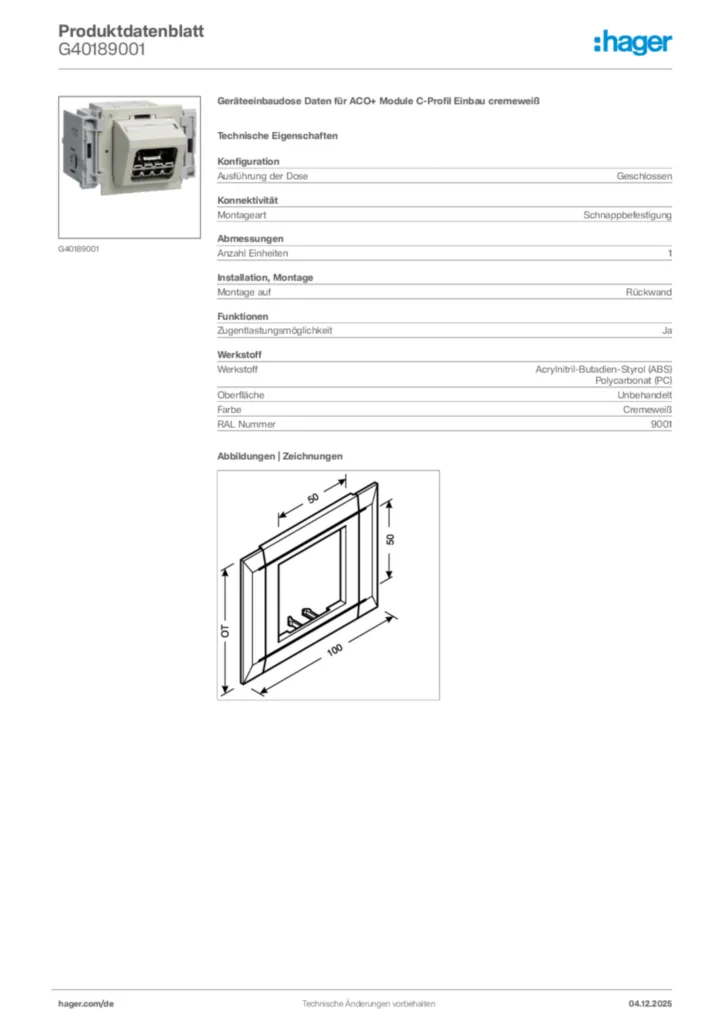 Bild Hager Produktdatenblatt G40189001 | Hager Deutschland