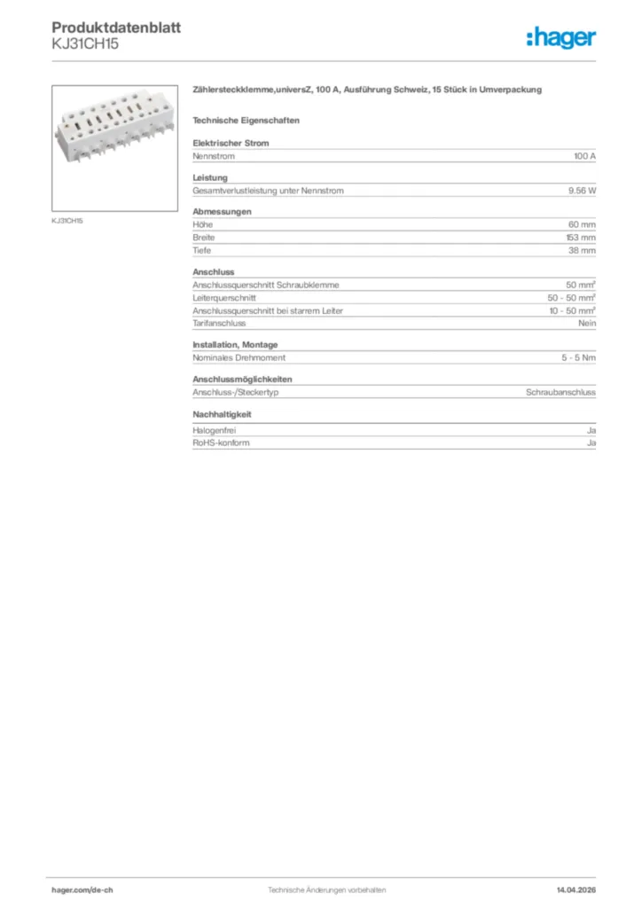 Bild Hager Produktdatenblatt KJ31CH15 | Hager Schweiz
