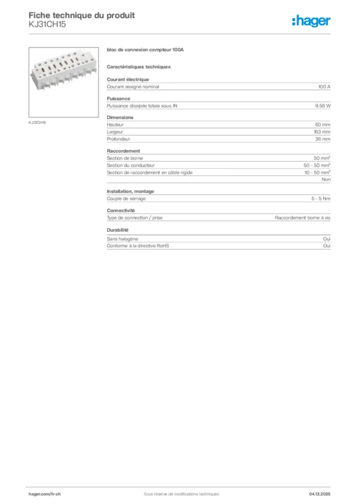 Image Hager Fiche technique du produit KJ31CH15 | Hager Suisse
