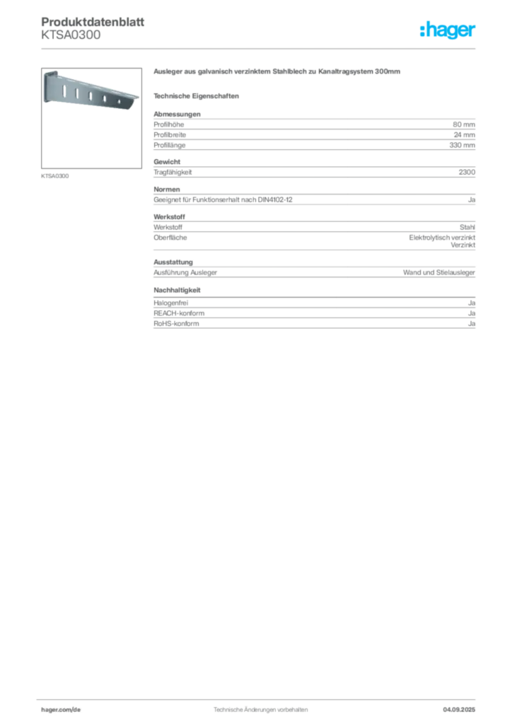 Bild Hager Produktdatenblatt KTSA0300 | Hager Deutschland