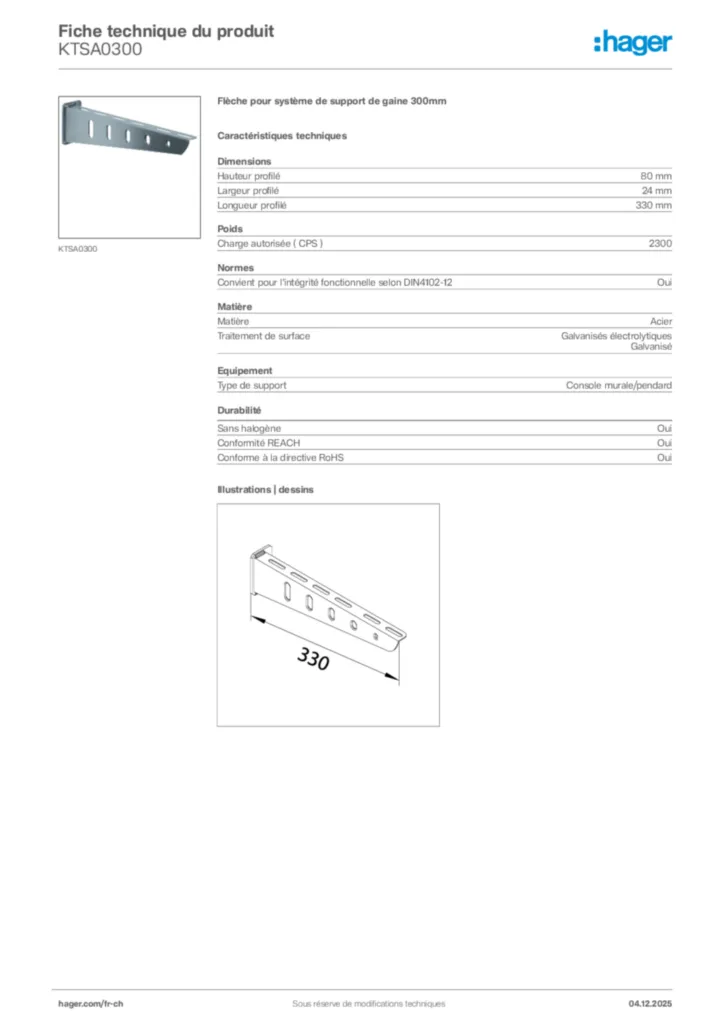 Image Hager Fiche technique du produit KTSA0300 | Hager Suisse