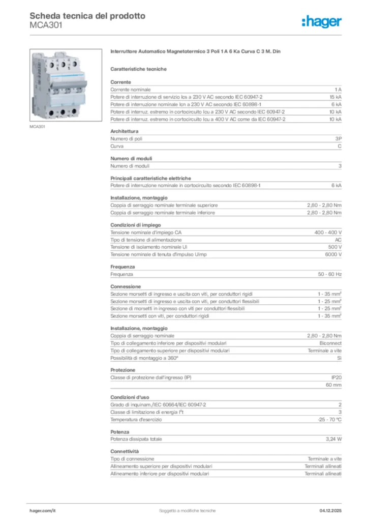 Immagine Hager Scheda tecnica del prodotto MCA301 | Hager Italia