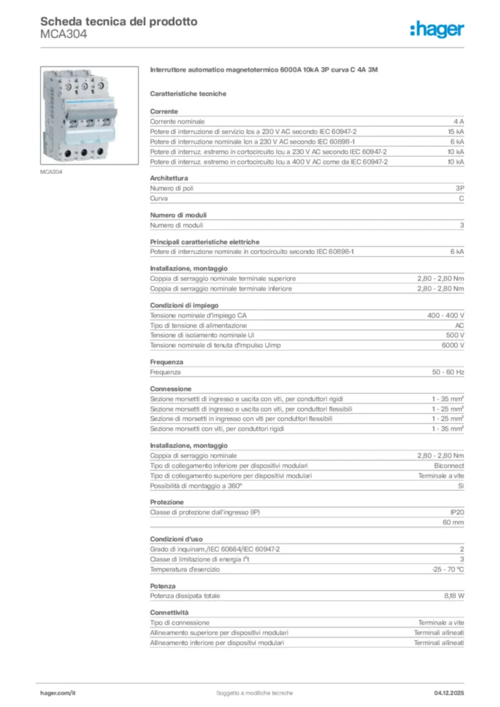 Immagine Hager Scheda tecnica del prodotto MCA304 | Hager Italia
