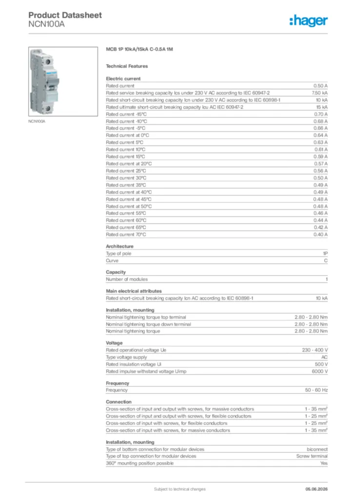 Image Hager Product data sheet NCN100A  | Hager Africa