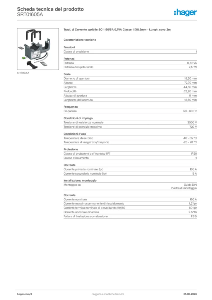 Immagine Hager Scheda tecnica del prodotto SRT01605A | Hager Italia