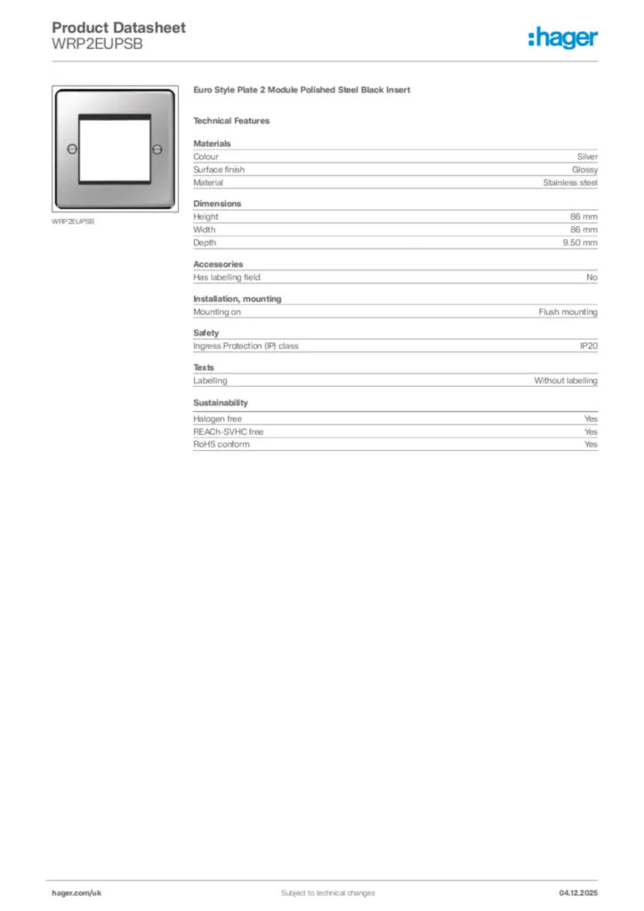 Image Hager Product data sheet WRP2EUPSB  | Hager