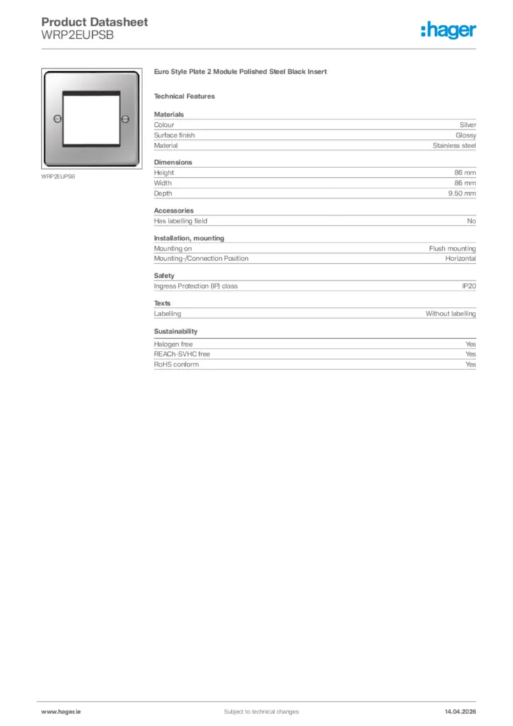 Image Hager Product data sheet WRP2EUPSB  | Hager