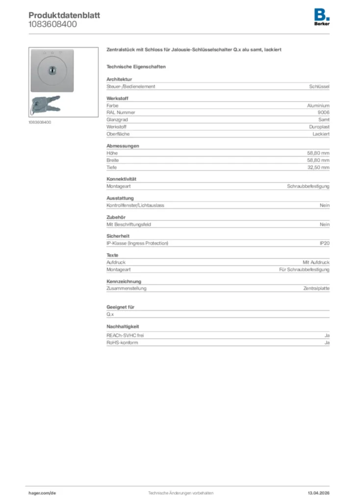 Bild Berker Produktdatenblatt 1083608400 | Hager Deutschland