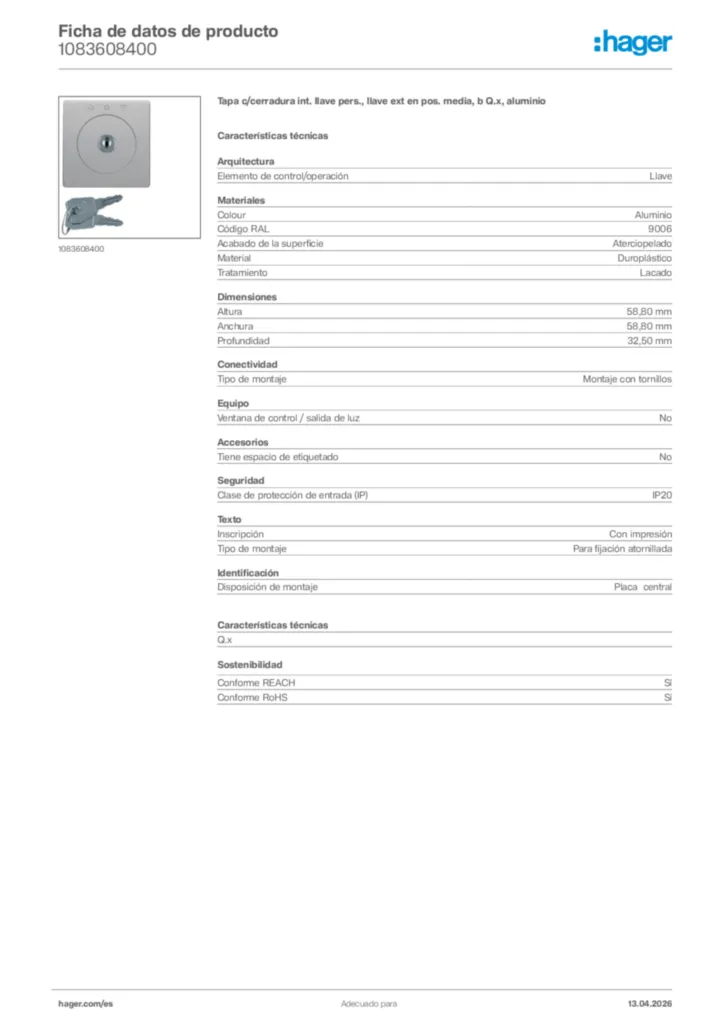 Imagen Hager Ficha de datos de producto 1083608400 | Hager España