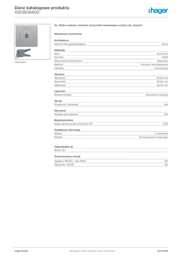 Zdjęcie Hager Karta katalogowa 1083608400 | Hager Polska