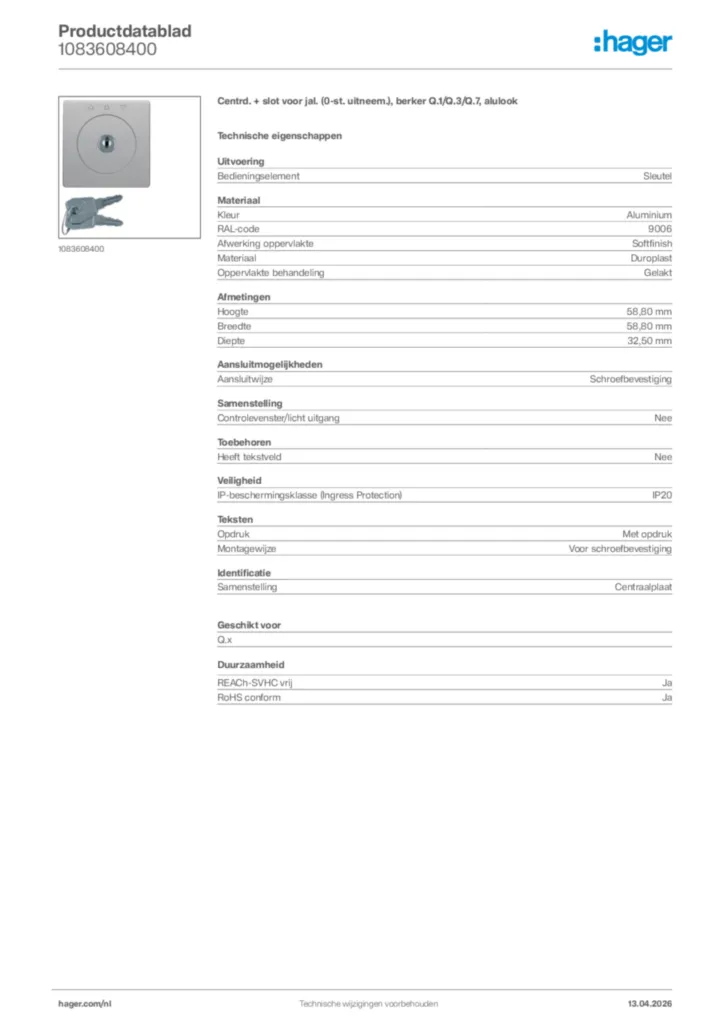 Afbeelding Hager Productdatablad 1083608400 | Hager Nederland