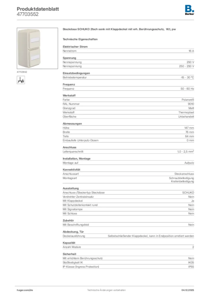 Bild Berker Produktdatenblatt 47703552 | Hager Deutschland