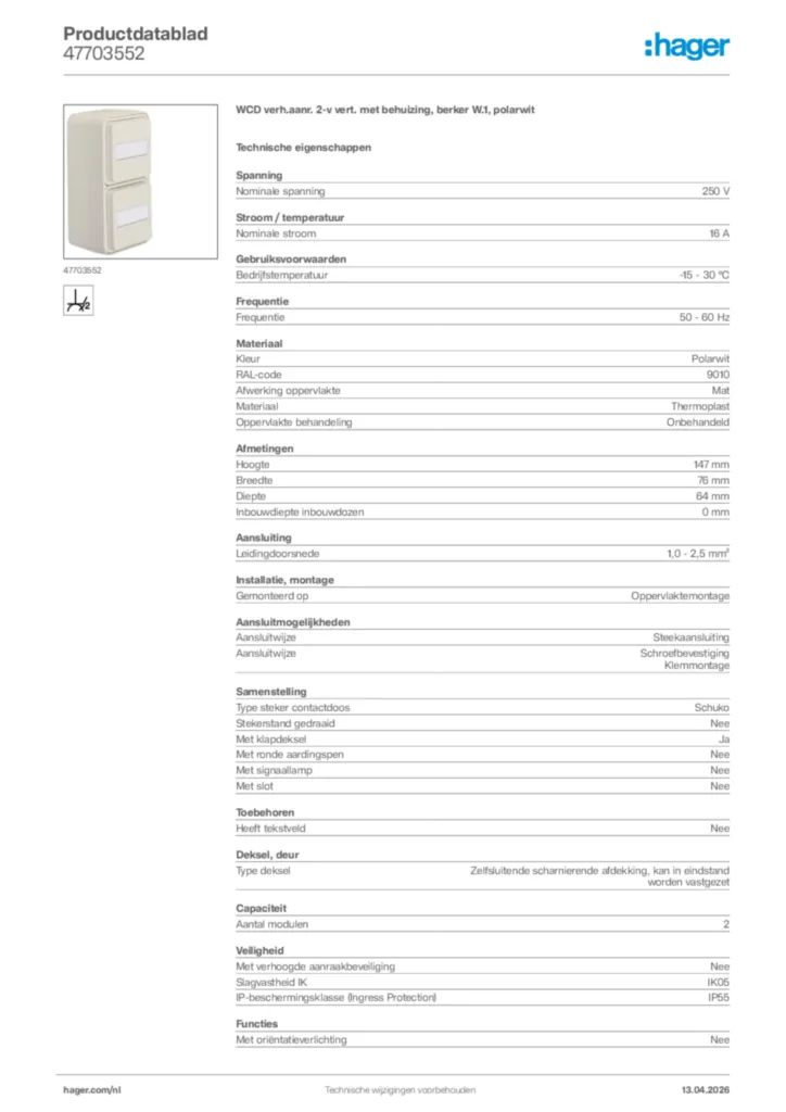 Afbeelding Hager Productdatablad 47703552 | Hager Nederland