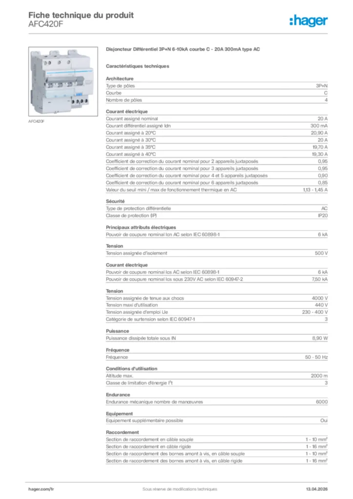 Image Hager Fiche technique du produit AFC420F | Hager France