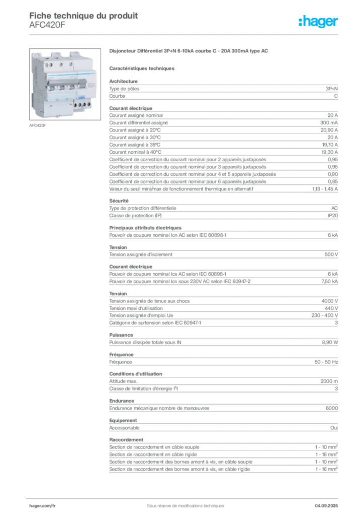 Image Hager Fiche technique du produit AFC420F | Hager France