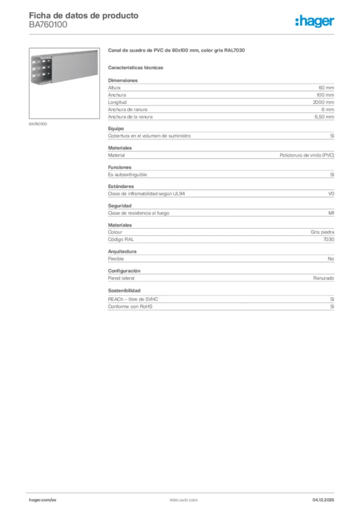 Imagen Hager Ficha de datos de producto BA760100 | Hager España