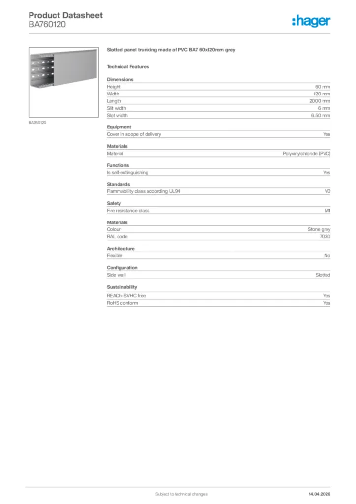 Image Hager Product data sheet BA760120  | Hager Africa