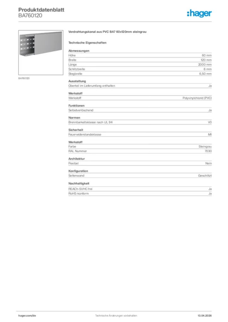 Bild Hager Produktdatenblatt BA760120 | Hager Deutschland